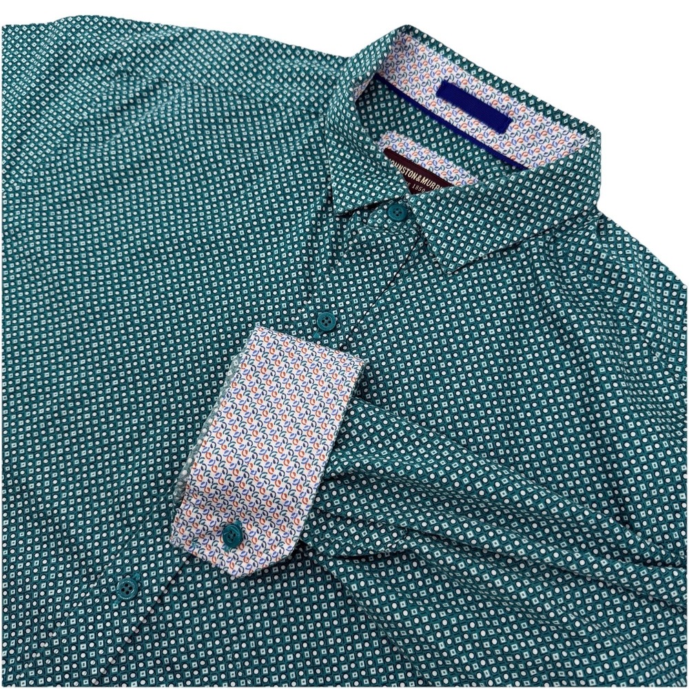 Johnston & Murphy Shirt Mens Large Green Geometric Cotton Flip Cuff Long Sleeve